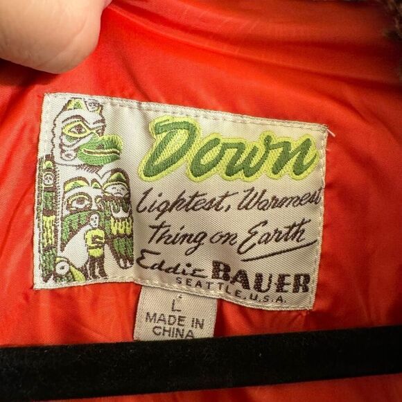 Eddie Bauer Womens Yukon Classic Taupe Orange Down Puffer Jacket Large - Picture 4 of 9